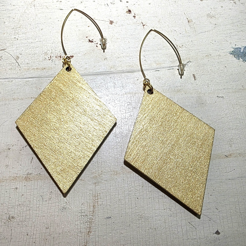 Handmade Abstract Wood Statement Earrings OOAK Blurple Gold‎ Metallic Dangles - Picture 4 of 7